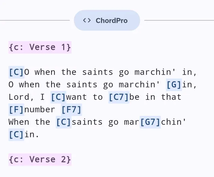 The same verse in the ChordPro view: chords in brackets, inline with the lyrics.