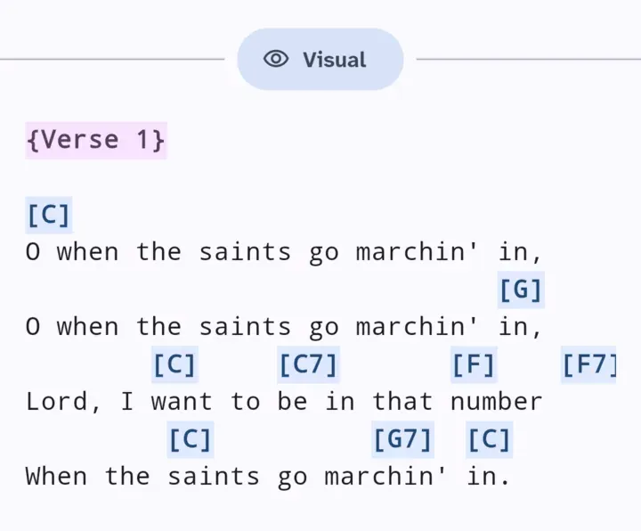 The Visual view of the editor: chords on their own line, above the lyrics.