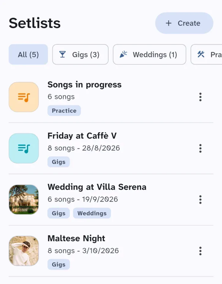 The list of setlists, with the row of folders that filters them at the top.